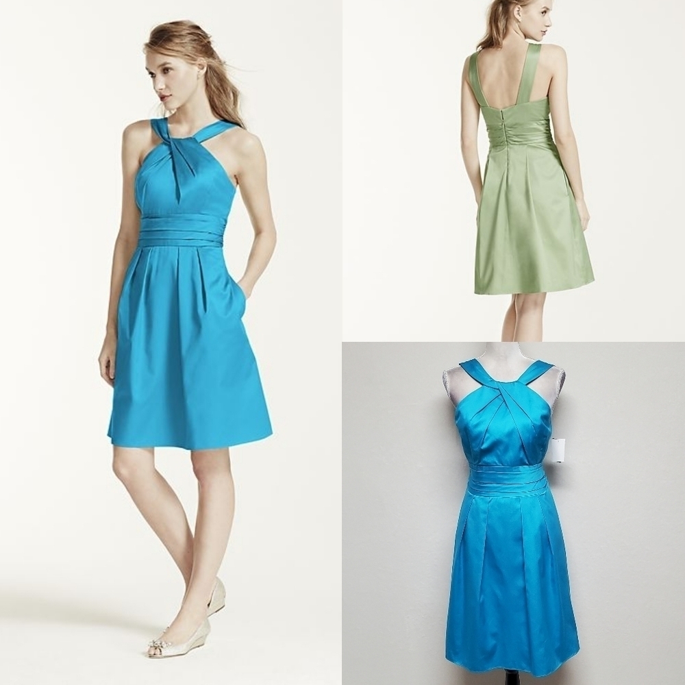 David's Bridal Malibu Blue Cotton Y Neck Sateen Pleated Pocket Mini Dress 10
